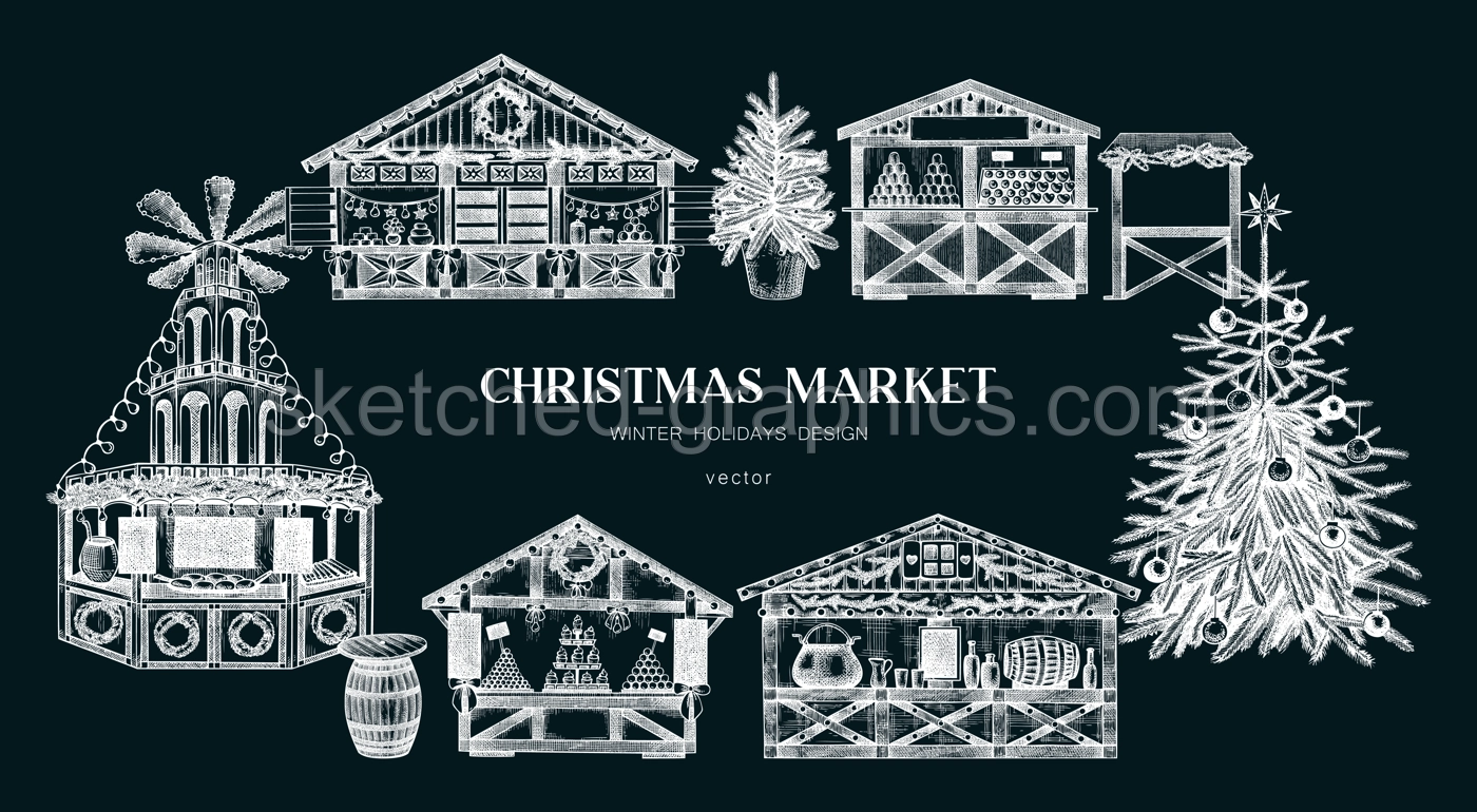 Christmas market background. Hand drawn vector illustration on chalkboard. European holiday marketplace banner design.. Christmas tree, wooden stall kiosk, candy shop, bakery, mulled wine sketches  Illustration